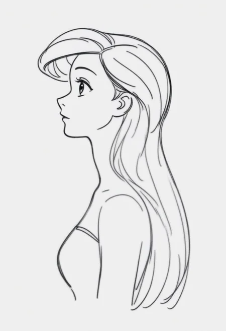 1girl, upper body, Ariel, ((solo)), from side, profile sketch, Minimalism, Greyscale, Stylized