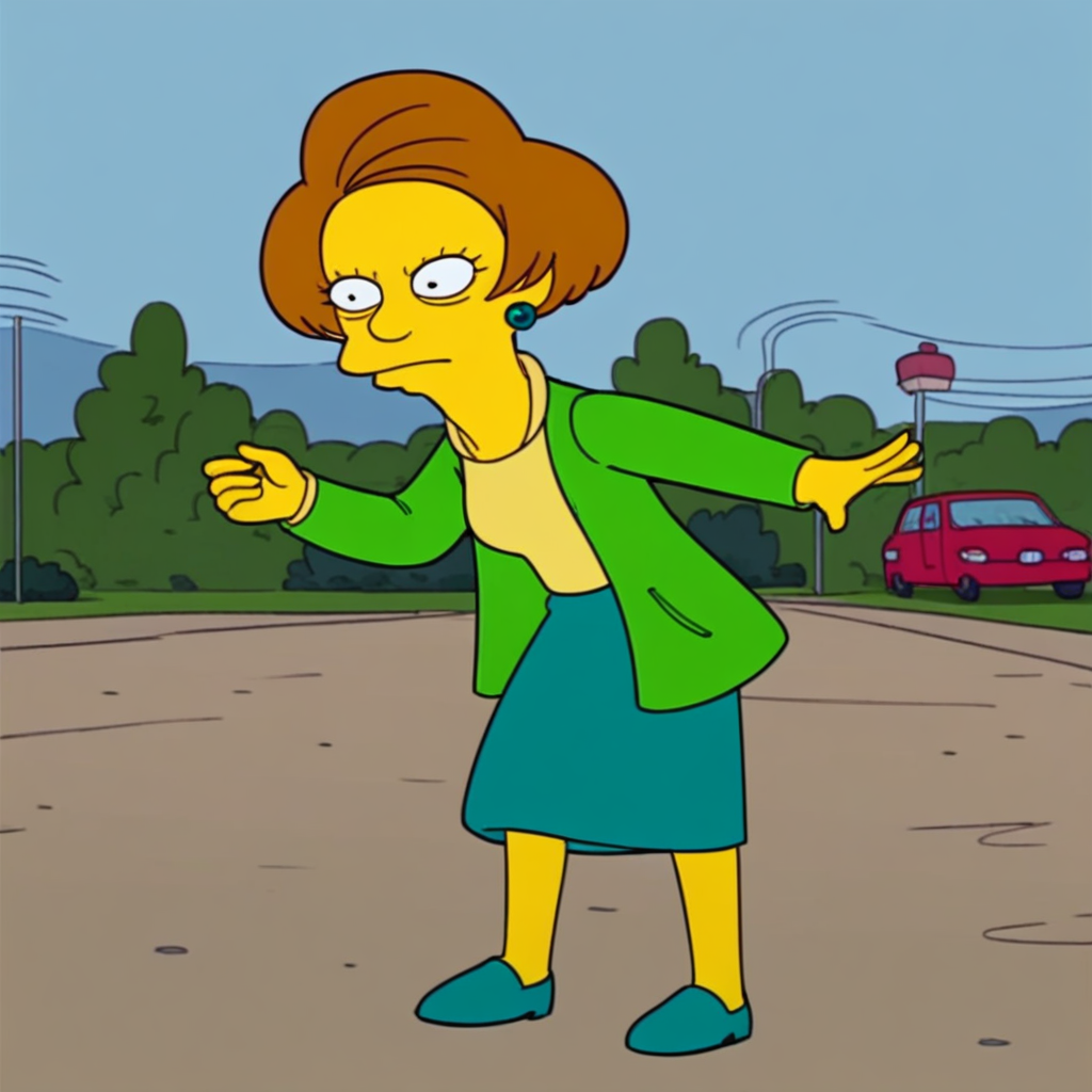 score_9, solo, Edna_Krabappel, brown hair, short hait, yellow skin, earrings, jacket, skirt, outdoors