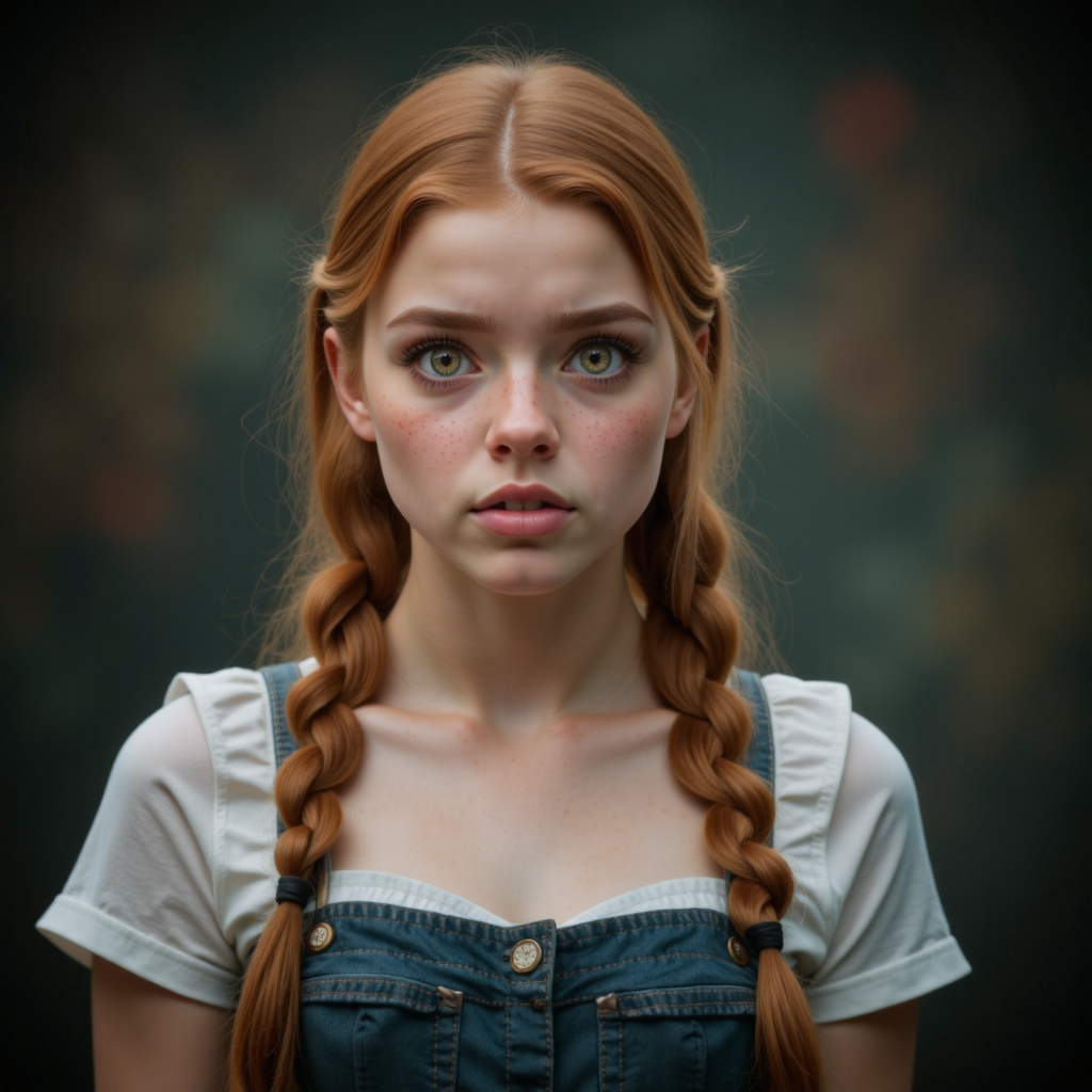 A female ATRX_MANUELA_FLUX. Photograph frames her expressive face, showing timid and scared overcome with fear. Her auburn ginger hair is in twin dutch braids. The background matches this expression in tones and mood.
<lora:Hyper-FLUX.1-dev-8steps-lora:0.125>
<lora:atrx-manuela-flux:1>
 <lora:ImageUpgraderV2:0.8> detailmaximizer