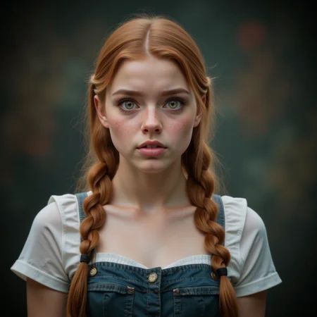A female ATRX_MANUELA_FLUX. Photograph frames her expressive face, showing timid and scared overcome with fear. Her auburn ginger hair is in twin dutch braids. The background matches this expression in tones and mood.
<lora:Hyper-FLUX.1-dev-8steps-lora:0.125>
<lora:atrx-manuela-flux:1>
 <lora:ImageUpgraderV2:0.8> detailmaximizer