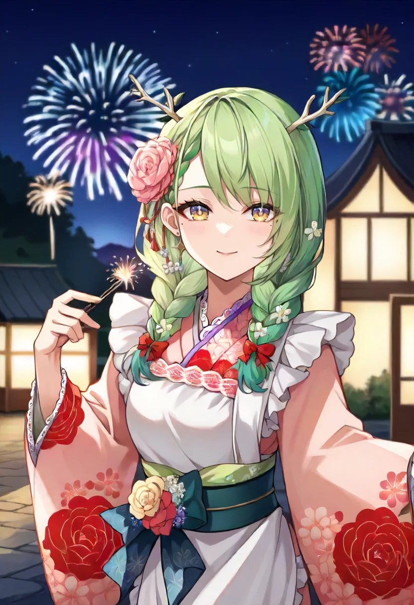 score_9, score_6_up, source_anime, 1girl, solo, japanese town, night, fireworks, fauna_newyears, twin braids, antlers, white apron, pink kimono, print kimono, wide sleeves, sash, hair ornament, mole under eye, light smile <lora:ceres_fauna_sdxl_pony:1>