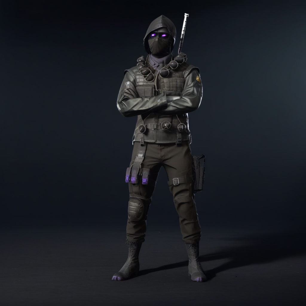 standing, sheath, crossed arms, black gloves, jacket, leather, 1boy, long sleeves, mask, assault rifle, boots
