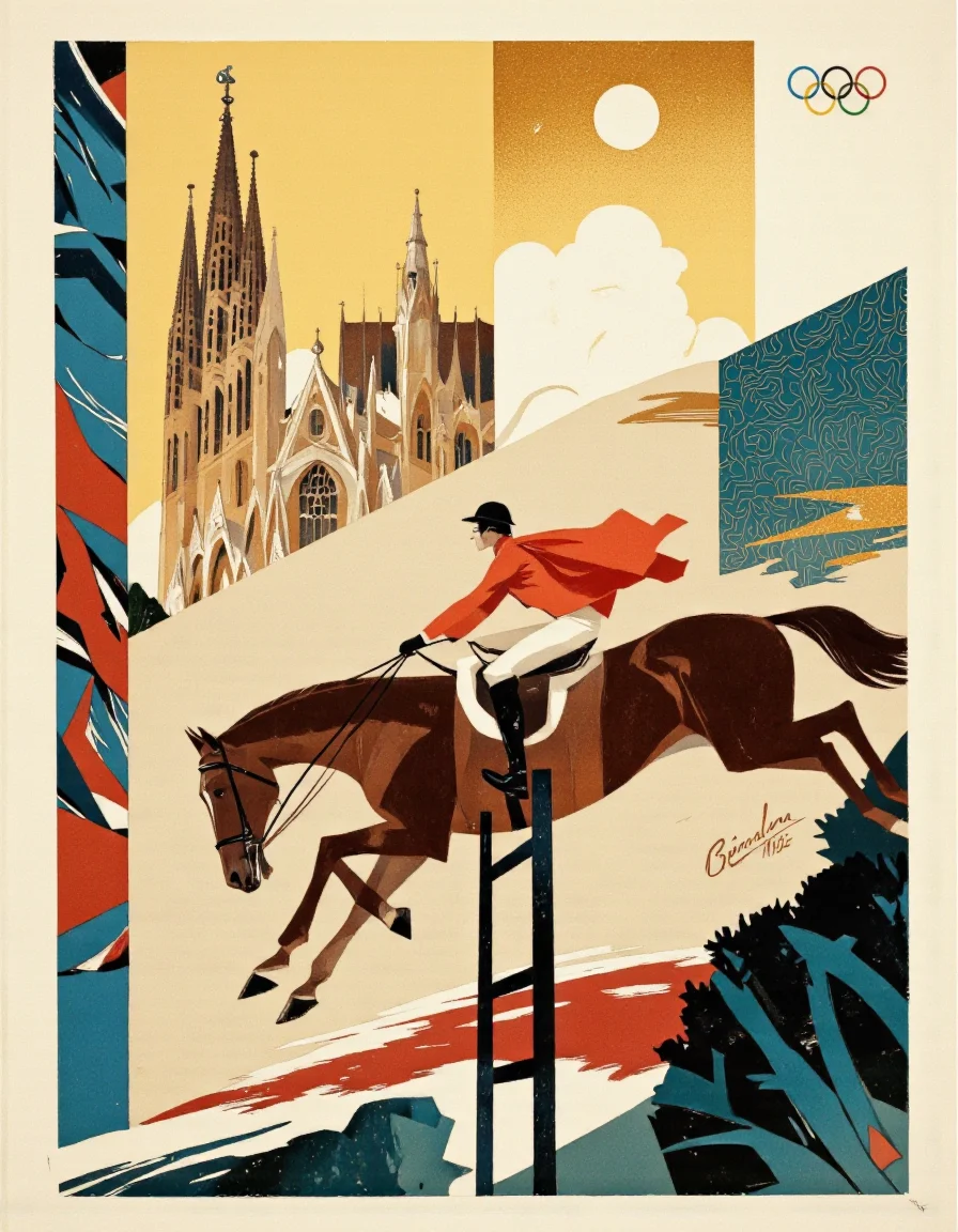 Art by Riccardo Guasco. A vintage, minimalist illustration from the 1992 Olympic Games in Barcelona, Spain, featuring a stylized illustration of a horse and rider jumping over a fence with the iconic Sagrada Familia in the background. the image is signed "Barcelona 1992" in the bottom right corner. on the middle of the image, a jockey wearing a red jacket, white pants, and a black hat is riding a brown horse, with a red cape billowing behind them. the jockey is positioned in the center, with the horse in the foreground, and the background is filled with geometric patterns in shades of yellow, blue, and red, creating a dynamic and energetic atmosphere. in the top right corner, the olympic rings are visible, adding a touch of elegance to the otherwise monochromatic image.