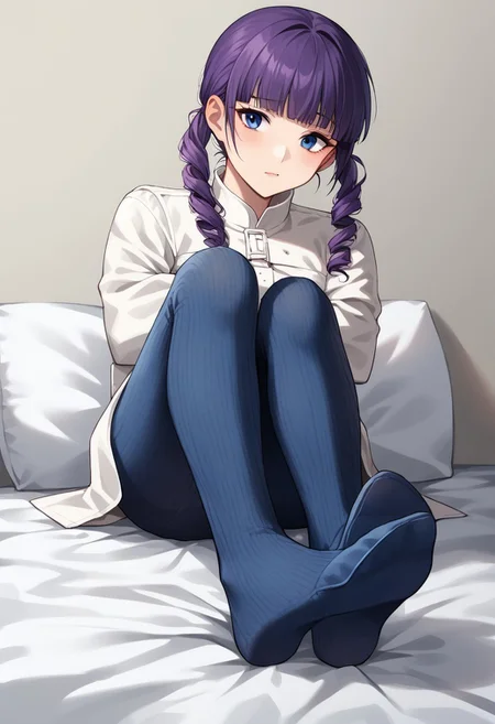 zPDXL, score_9, score_8_up, score_7_up, source_anime,
1girl, solo, purple hair, blue eyes, navy blue pantyhose, no shoes, curly hair, twintails, hime cut, soles, bound, straitjacket, cotton tights, cable knit tights, loose tights, ankle crease, knee crease, sitting, in bed