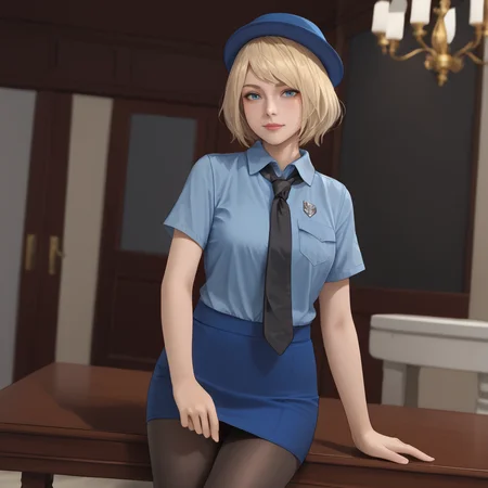 <lora:ashleyre4remake_pony_v1:.8> Ashley, 1girl, solo, short hair, blonde hair, blue eyes, lips, bob cut, cowboy shot, <lora:0820 tokisaki kurumi policewoman fan costume_v1_pony:1> ruanyi0820,black necktie,blue hat,blue shirt,blue skirt,black pantyhose,short sleeve