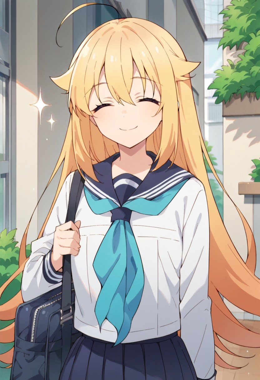 score_9, score_8_up, score_7_up, source_anime,koshi torako, long hair, blonde hair, purple eyes, 1girl, closed eyes, school uniform, smile, solo, ahoge, serafuku, neckerchief, sparkle, bag, hair flaps, blue neckerchief