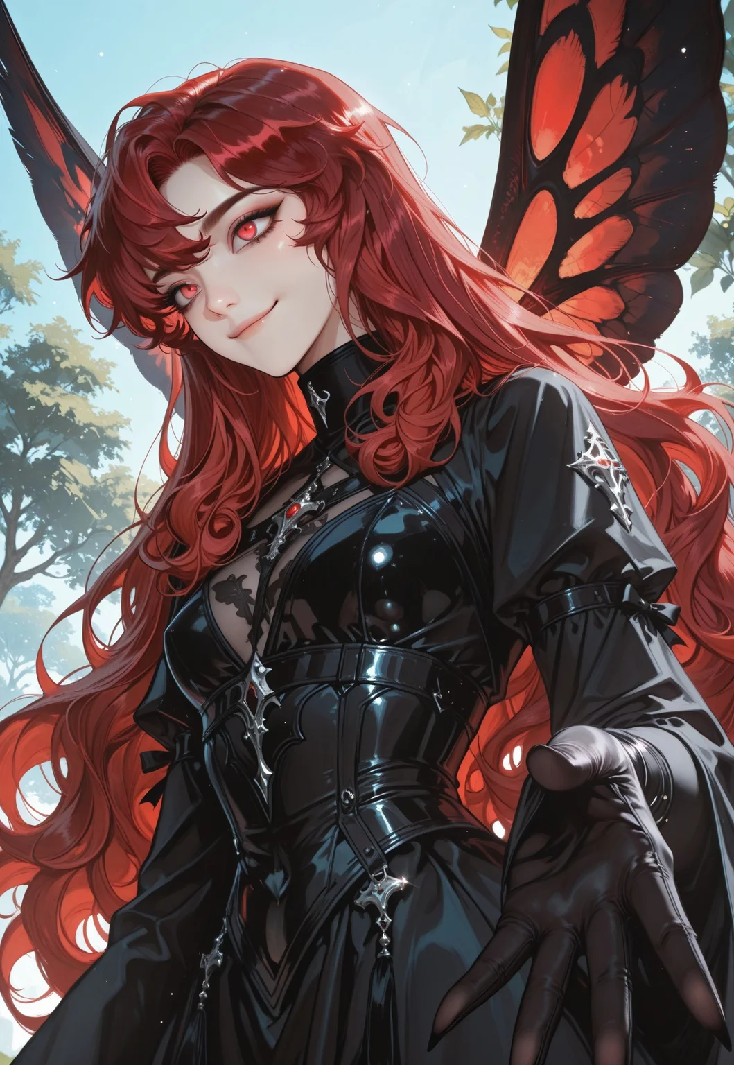 solo, dark red hair, bright red eyes, very long hair, smile, smug, small breasts, (voluminous hair:1.4), black dress, fairy, black and red wings, korean woman, garden background, Mino Han, wavy hair, sleeves, turtleneck, majestic, (shiba eyebrows), feline pupils, bold, black gloves, armor, black long nails, (photorealistic:1.0), manhwa, source_anime, eyelines, black makeup, elegant hairstyle, (korean:1.4), sexy, cool pose, teasing, dynamic pose, flying, jumping, booru, (source_manhwa:2.0), (surreal:1.4), upper body portrait, (close-up:0.8), day, blue sky, painterly, best quality, amazing quality, intricate detail, highly detailed, newest, highres, 8K, HDR, best quality, absurdres, high quality, dynamic composition, best quality, vibrant colors, holographic colors, gradient colors, foreshortening, dynamic shot