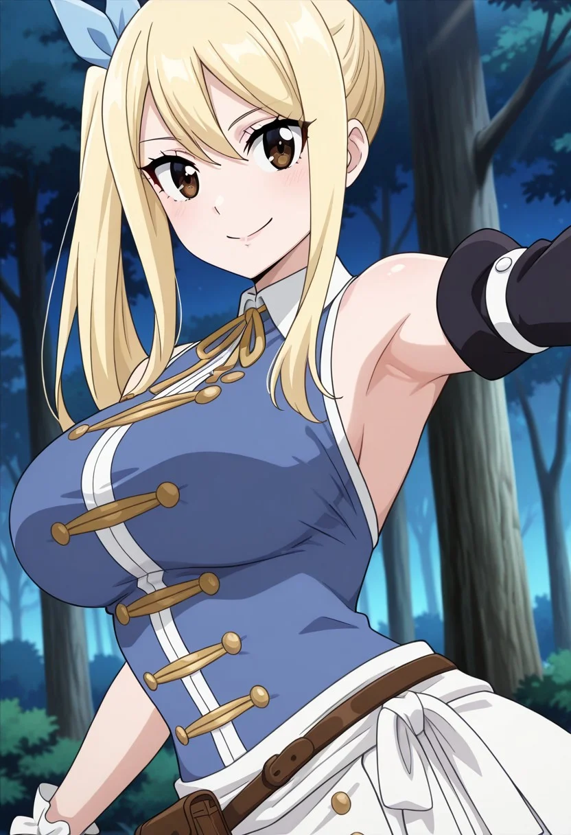 masterpiece, best quality, newest, anime screencap, 1girl, <lora:LucyHeartfiliaAvatartwo_Illu_Dwnsty:1>, lcyhrtavtrctwo, brown eyes, blonde hair, side ponytail, sidelocks, long hair, blue ribbon, hair ribbon, blue shirt, sleeveless shirt, collared shirt, yellow neck ribbon, scrunchie, single detached sleeve, black sleeve, white skirt, brown belt, belt pouch, white sash, perfect eyes, breast, shiny skin, expressive, smile, closed mouth, looking at viewer, erotic pose, armpit, side view, forest, night, perfect anatomy