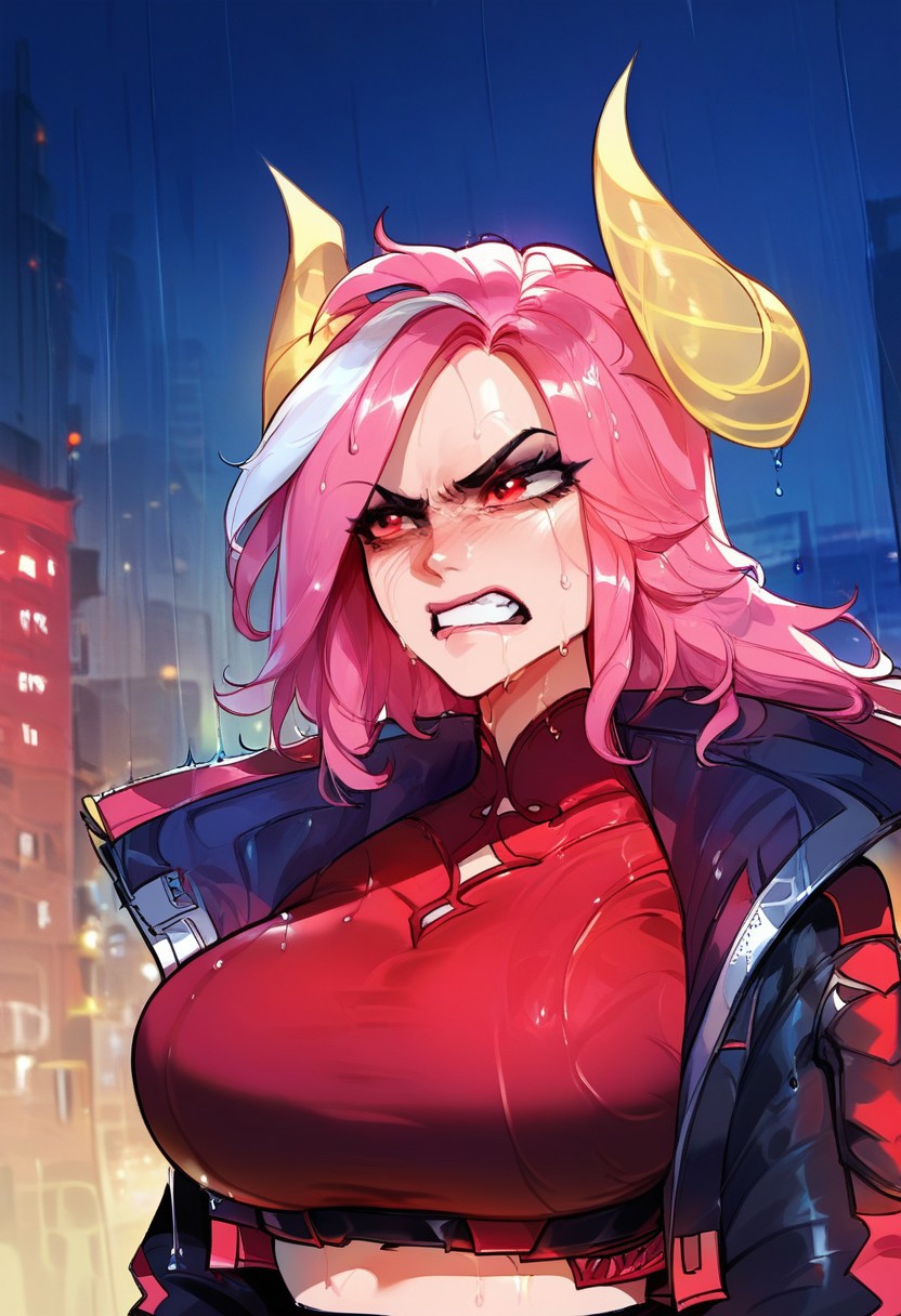 score_9, score_8_up, score_7_up, 1girl,  ultra detailed, LunaMF, large breasts, red eyes,pink hair, yellow glowing horns, crop jacket, night city, night lights, rain, wet, angry, gritted teeth