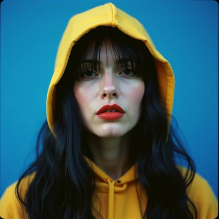 <lora:Kodak Motion Picture Film style v1:1>
Film grain still image of a woman with a yellow hood on her head,1girl,solo,long hair,looking at viewer,black hair,hat,closed mouth,hood,lips,makeup,blue background,lipstick,portrait,hood up,realistic,red lips , cinematic look, film look, filmic, contrast, detailed, high quality, sharp image, film color, Kodak Motion Picture Film style, different color, different people, different look, different style, 35MM Film, 16MM Film, Photographic film, music video style, artistic style, cinematic style, film granularity, film noise, image noise, artistic effect, Fujicolor, Fuji film, Analog photography, movie style, movie still, Film grain overlay, Film Grain style