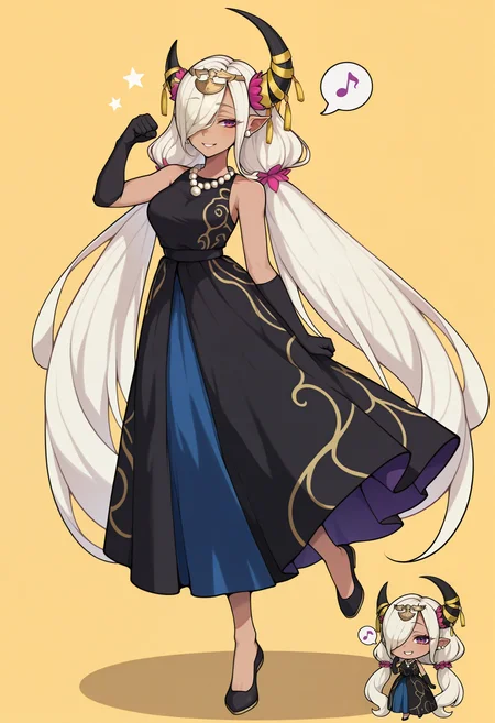 masterpiece, best quality, 1girl, chibi inset, smile, standing on one leg, fist pump, spoken musical note, <lora:ZephiaFE-illu:1> casZel, white hair, hair over one eye, very long hair, low twintails, tiara, black horns, asymmetrical horns, yellow horn ornament, dark-skinned female, purple eyes, gradient eyes, pointy ears, pearl earrings, black dress, sleeveless, pearl necklace, elbow gloves, black gloves, long dress, flats, black footwear, yellow background