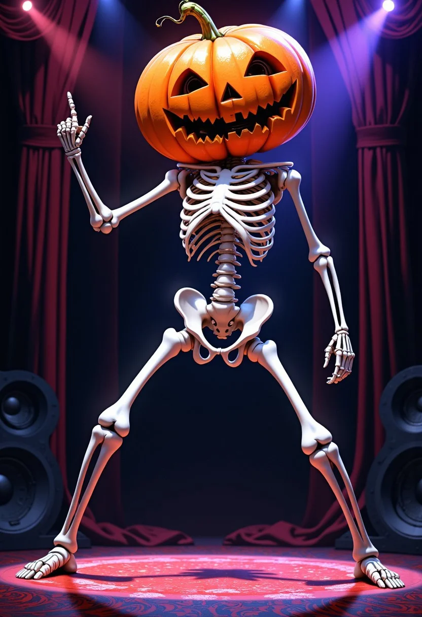 Masterpiece, A parody of the poster from the movie "Saturday night fever" with a skeleton on a stage wearing a large orange pumpkin on its head. The skeleton is on a dacing pose with its legs apart, one outstretched arm pointing up while looking to the viewer. The pumpkin has a jack-o-lantern face on it, with a pointed nose and a wide smile. The background is stage, with stage lights poingting to the skeleton making the skeleton and pumpkin stand out. The overall mood of the illustration is funny and comedic. high-res, semi realistic, best quality, intricate details, ultra details, good lighting, vibrant colors, very detailed, octane render, ray tracing, mythp0rt