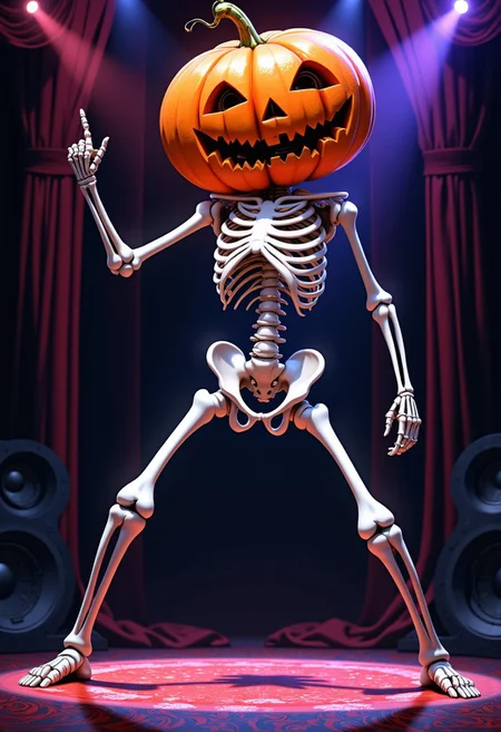 Masterpiece, A parody of the poster from the movie "Saturday night fever" with a skeleton on a stage wearing a large orange pumpkin on its head. The skeleton is on a dacing pose with its legs apart, one outstretched arm pointing up while looking to the viewer. The pumpkin has a jack-o-lantern face on it, with a pointed nose and a wide smile. The background is stage, with stage lights poingting to the skeleton making the skeleton and pumpkin stand out. The overall mood of the illustration is funny and comedic. high-res, semi realistic, best quality, intricate details, ultra details, good lighting, vibrant colors, very detailed, octane render, ray tracing, mythp0rt