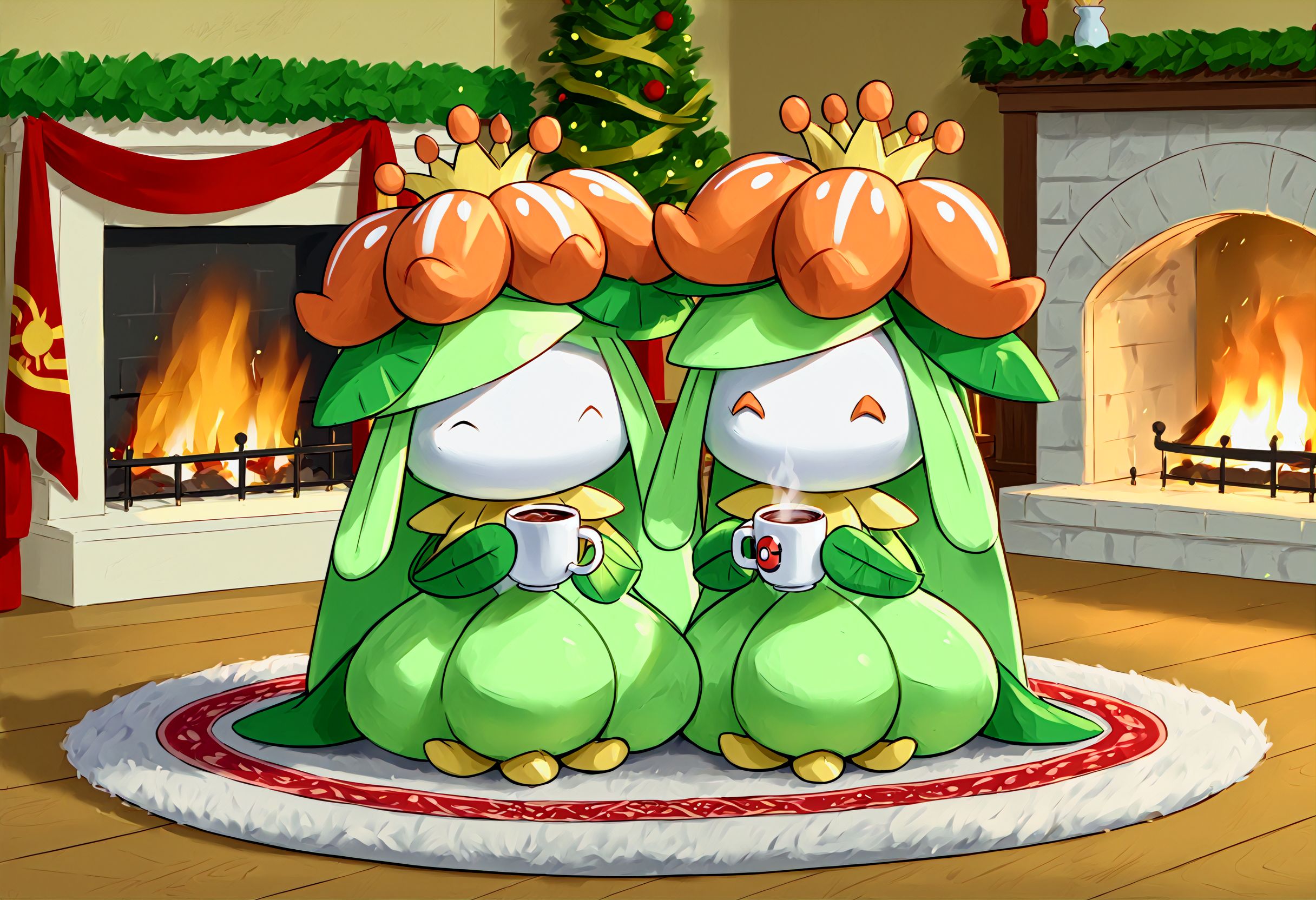 score_9, score_8_up, score_7_up, source_anime,
((masterpiece, extremely detailed)), sharp, 4K BREAK
background: house, fireplace, rug, indoors
L1LL1G4NT, orange eyes, orange flower, crown, no mouth, white face, white abdomen, no humans, pokemon (creature), leaf arms, leaf hair, plant girl
facing viewer, sitting, in front of fireplace, wrapped in blanket, holding hot chocolate, happy, ^^, (closed eyes:1.3), chibi
detailed background, beautiful background
<lora:Lilligant:1>