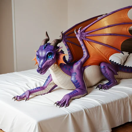 score_9, score_8_up, score_7_up, score_6_up, score_5_up, score_4_up, masterpiece, high quality, realistic, detailed, best quality, white bed, solo, rating_safe, source_furry, bedroom, smiling, seductive, looking at viewer, lying on belly, full body, detailed eyes, Rainwing, dragon, ear ruffs, head fins, scales, horns, claws, wings, tail, detailed eyes, Grandeur_wof, purple scales, female, 1girl, blue eyes, feral