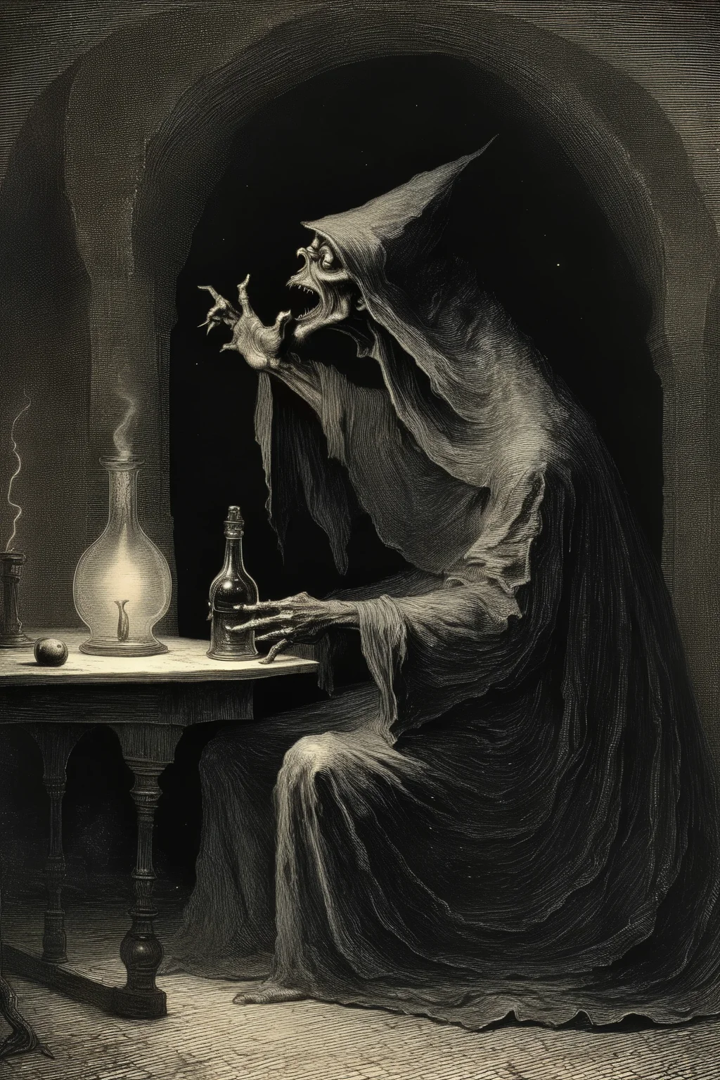 <lora:Gustave Dore Style:1>Gustave Dore Style - The Horror known as the drinker of Hope of the universe of the Long Night. in its true form of endless evil and horror and all its terrifying power and monster form