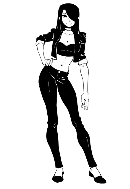 <lora:NilaTelepurtev1.0:0.8> (zPDXL2), score_9, score_8_up, score_7_up, source_cartoon, nila_telepurte, 1girl, solo, human, white skin, long hair, hair over one eye, choker, cropped jacket, sleeves rolled up, open jacket, crop top, collarbone, medium breasts, cleavage, midriff, navel, pants, footwear BREAK full body, standing, looking at viewer, smile, hand on hip BREAK monochrome, white background