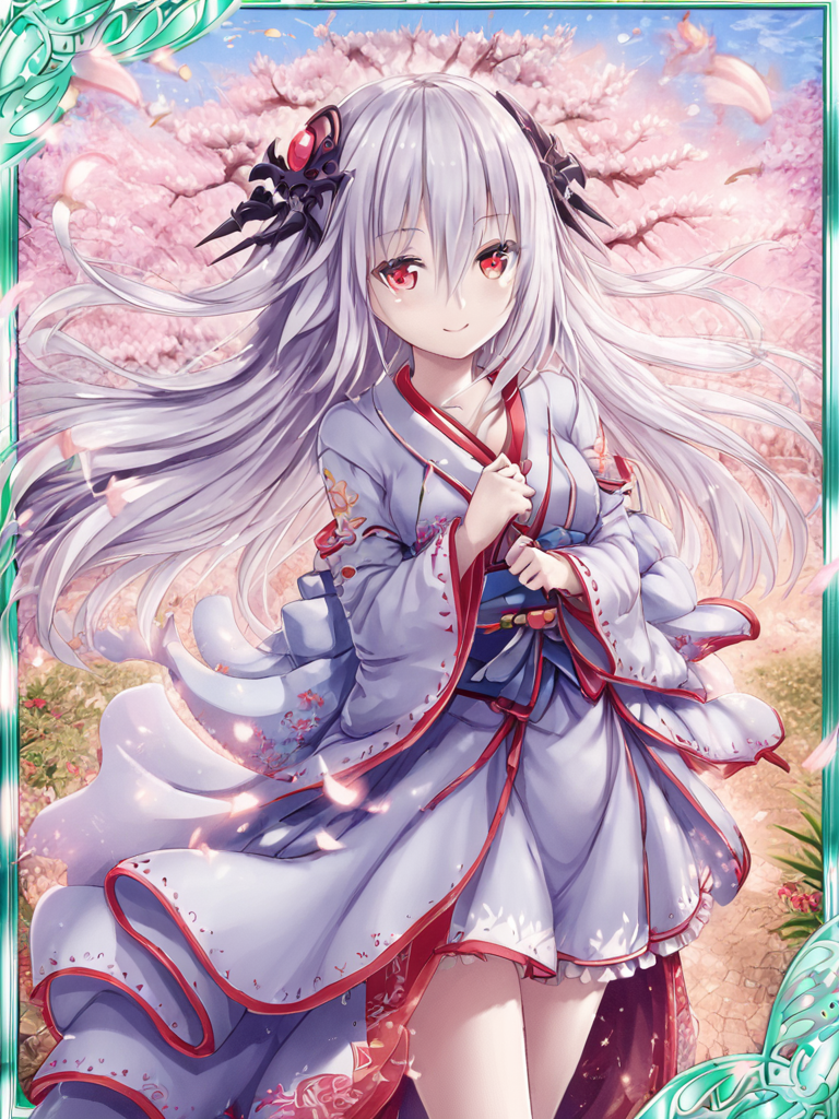 <lora:calamity:1>,1girl,dress,hair_ornament,long_hair,solo,tree,wind,smile,kimono,