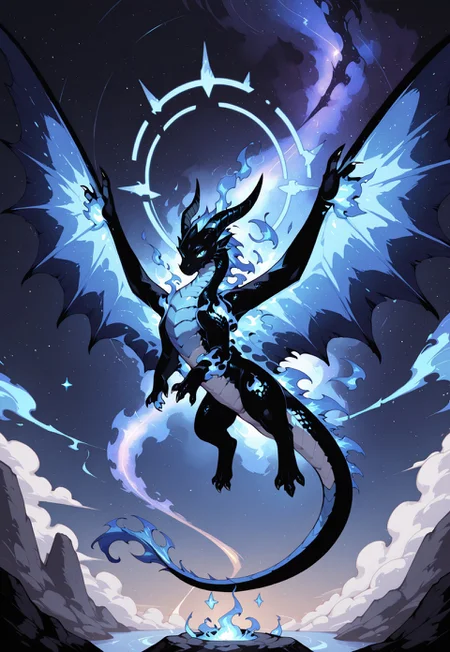 masterpiece, best quality, amazing quality, solo,
dragon,feral, black dragon, solid blue eyes, long horns, tail, nebula wings, claws, flying, aesthetic composition, stars, blue flames, abstract circular composition, halo,
cosmic dragon

