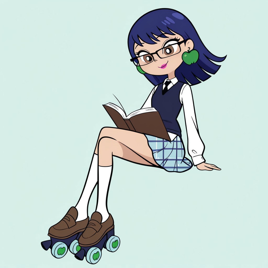 masterpiece, best quality, amazing quality, 
perfect cute face, on model, accurate art style, cartoon screencap, show accurate, uranusmwatgg, 1girl, solo, blue hair, brown eyes, pink lipstick, apple earrings, white shirt, black tie, dark blue vest, blue plaid skirt, white socks, brown roller skates, wearing glasses, reading book, sitting, smile, full body, crossed legs, simple background