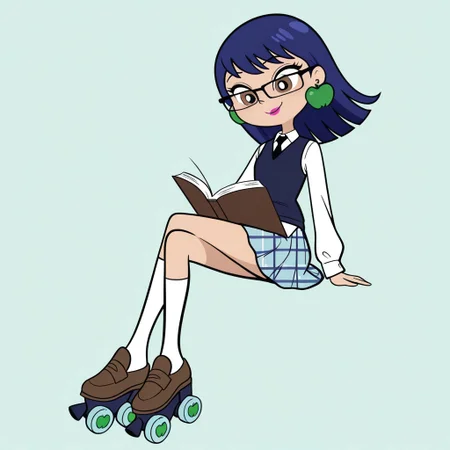 masterpiece, best quality, amazing quality,
perfect cute face, on model, accurate art style, cartoon screencap, show accurate, uranusmwatgg, 1girl, solo, blue hair, brown eyes, pink lipstick, apple earrings, white shirt, black tie, dark blue vest, blue plaid skirt, white socks, brown roller skates, wearing glasses, reading book, sitting, smile, full body, crossed legs, simple background