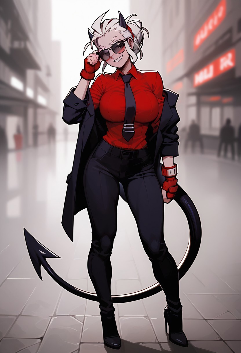(masterpiece: 1.2), (detail: 1.1), (high resolution, best quality: 1.2), highly detailed background, Score_9, Score_8_up, Score_7_up, Score_6, Score_5, Score_4,
ultra detailed, aesthetic, 1 girl, ((((solo)))
perfect anatomy, 1girl, Justice from Helltaker, justicedef,
short hair, demon horns, sunglasses,
blush, seductive smile,
,female, athletic body, hourglass body, , (big breasts:1.5),perfectly round breasts, slim, Ideal round butt.thick thighs, demon tail
(partially clothed, black jacket,) red shirt, neckline, black necktie, loose office trousers.Fingerless fighting gloves, High heels,
(blurred background: 1.2), (looks at the viewer standing above: 1.1),