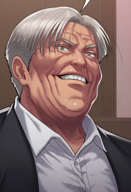 score_9, score_8_up, score_8_up, 1boy (old man, wearing black suit, white collared shirt underneath), man standing, man smirking, badass, solo male, close up on mans face, high resolution, man looking down at viewer, man evil expression, close up, zoom on face, 
man taking off jacket, man taking off shirt, man bearing chest,
indoor setting, indoors,night,carpet,stage,stripper pole,curtains,table,l
pink theme,pink light,pink neon stage, gothicPXL
