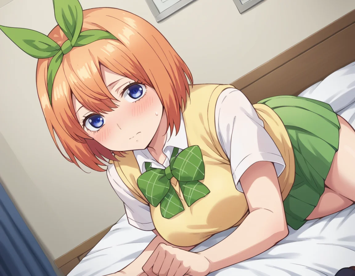 score_9, score_8_up, score_7_up, source_anime,
yotsubanakano, <lora:yotsuba-nakano-s1-ponyxl-lora-nochekaiser:1>, 
yotsuba nakano, bangs, short hair, blue eyes, hair between eyes, hair ribbon, hairband, orange hair, green ribbon, mature female,
skirt, shirt, bow, ribbon, school uniform, white shirt, short sleeves, pleated skirt, collared shirt, miniskirt, bowtie, kneehighs, green skirt, green bow, sweater vest, green ribbon, yellow sweater vest,
indoors, bed, bed room, on side, blush, drunk,
looking at viewer, cowboy shot, dutch angle, solo,