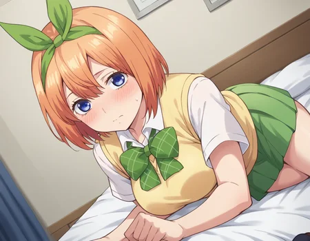 score_9, score_8_up, score_7_up, source_anime,
yotsubanakano, <lora:yotsuba-nakano-s1-ponyxl-lora-nochekaiser:1>,
yotsuba nakano, bangs, short hair, blue eyes, hair between eyes, hair ribbon, hairband, orange hair, green ribbon, mature female,
skirt, shirt, bow, ribbon, school uniform, white shirt, short sleeves, pleated skirt, collared shirt, miniskirt, bowtie, kneehighs, green skirt, green bow, sweater vest, green ribbon, yellow sweater vest,
indoors, bed, bed room, on side, blush, drunk,
looking at viewer, cowboy shot, dutch angle, solo,