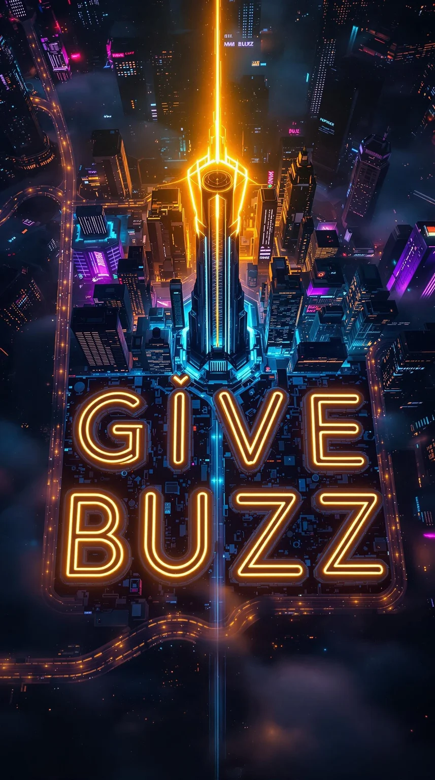 A top-down, bird's-eye view of a futuristic city at night.
The city's layout is designed to form the words "GIVE BUZZ" in bold, neon script, using the illuminated buildings as letters.
Above the words, a towering structure shaped like a golden lightning bolt illuminates the night sky. It casts a radiant glow over the city, emphasizing the call to action.
The overall color palette is a mix of dark blues, purples, and blacks, with bright neon accents from the city lights and the golden lightning bolt.
A subtle mist or fog adds depth and atmosphere to the scene.