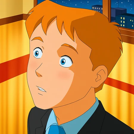 embedding:Pony\Positive\zPDXL3, masterpiece, best quality, good quality, male focus, jason_hightower_totally_spies, solo, aged up, 18 years old, 1boy, mature male, mature man's body, male focus, high resolution, slim body, indoors, restraurants, windows, night, moonlight, new york, large head, wide head, short hair, reddish-orange hair, reddish-orange eyebrows, blue eyes, reddish-orange sideburns, reddish-orange thin goatee, formal, black suit, brown paisley tie, elegant style, adjust tie, adjust clothes