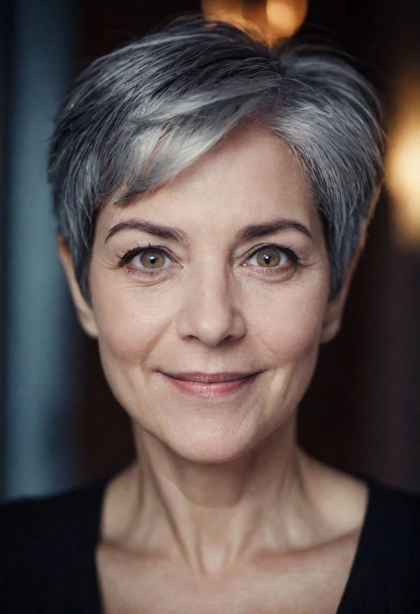 PA7_sdxl-Photo, woman, beautiful eyes, short hair, gray hair, happiest, dim light, cinematic lighting, volumetric lighting, film grain, PA7_xl-Portrait-ECU