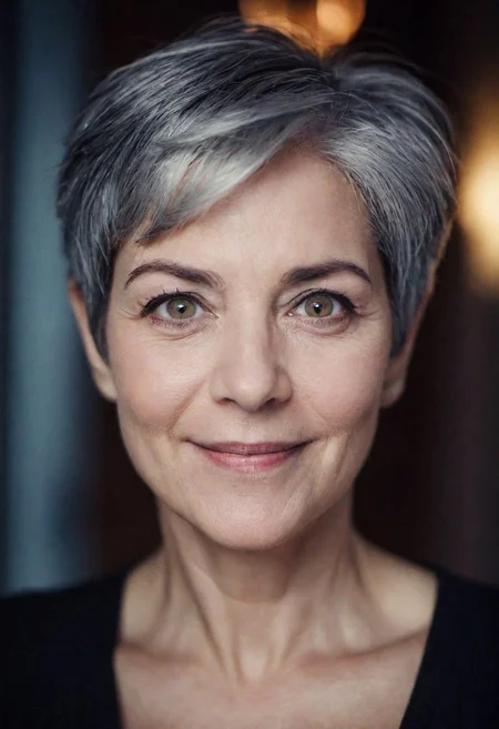 PA7_sdxl-Photo, woman, beautiful eyes, short hair, gray hair, happiest, dim light, cinematic lighting, volumetric lighting, film grain, PA7_xl-Portrait-ECU