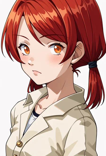 score_9, score_7_up, source_anime, BREAK <lora:zs_SoulHackersPortraitsXL:1> soulhackersportraits, portrait, white background,, 1girl, red hair, orange eyes, amber eyes, tsurime, swept bangs, parted bangs, low twintails, short hair, medium hair, small breasts,
