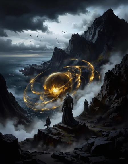 A digital painting depicting a fantastical, alien landscape. The scene is set in a rugged, mountainous terrain with jagged, rocky formations jutting out from the ground. The sky is overcast with dark, brooding clouds, casting a somber, almost ominous atmosphere. The foreground features two figures, both clad in futuristic, metallic armor. The central figure, positioned slightly to the right, is male and stands with his back to the viewer. He is holding a glowing, golden orb in his right hand, emanating a warm, ethereal light. The orb is surrounded by a complex, swirling pattern of glowing lines and circles, suggesting a magical or technological force. To the left, another figure, also armored, appears to be observing the central figure with a curious expression.
The background is dominated by large, imposing rock formations that extend into the distance. The rocks are dark and textured, with shadows and highlights adding depth and dimension. Birds can be seen flying in the distance, adding a sense of scale and life to the otherwise desolate landscape. The overall color palette is dominated by dark blues, grays, and blacks, with occasional splashes of golden light from the orb. The painting style is realistic with a touch of fantasy, emphasizing the otherworldly <lora:landscape:1>