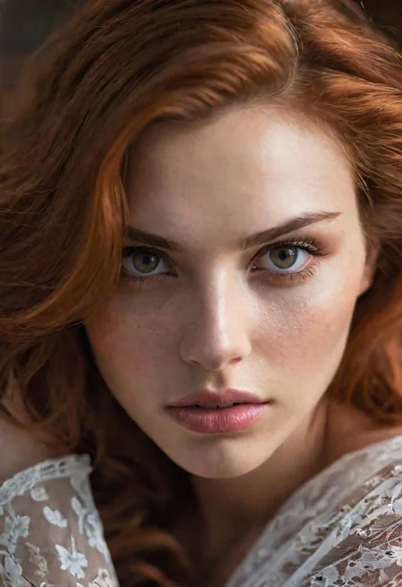(masterpiece, award winning photographic portrait<raw, f4, bokeh, telephoto lens, film grain> from above, dramatic lighting) of a ((incredibly lifelike:1.3) woman <20 years old, most beautiful, goosebumps, (glossy, puffy) lips, tan skin, (elegant long (red) hair<exceptional realism:1.1>), (pretty face), stunning beauty, (blue:1.1) eyes, wearing a dress>), at the bottom of a spiral stairwell<stone, natural light>, in the style of (greatest award winning glamour photographer of all time), romanticized, sensual, dynamic expression, (inexplicably attractive:1.3), (OverallDetail:1.3)