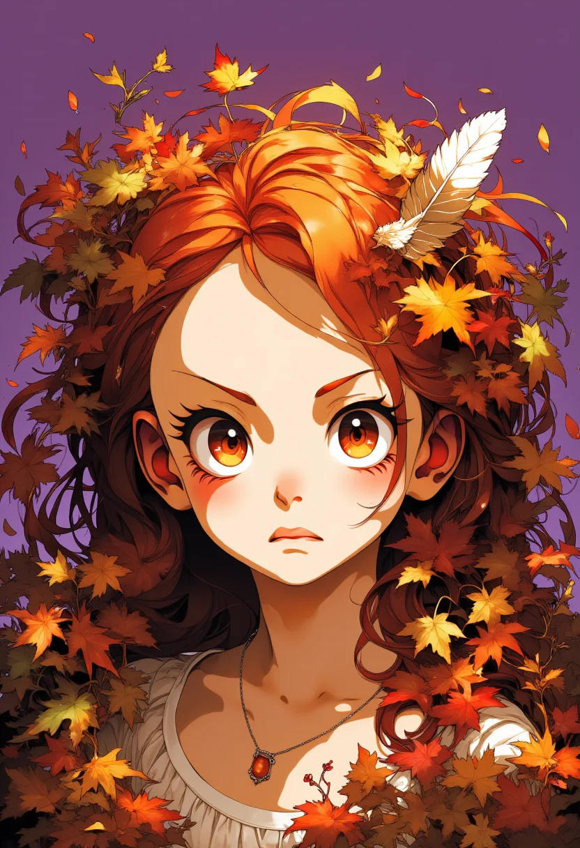 portrait, the goddess of autumn, cute, angry, with colorful dead leaves all around her face, a feather in her hair, vegetation, warm and pastel tones., digital illustration, gradient background with purple tones