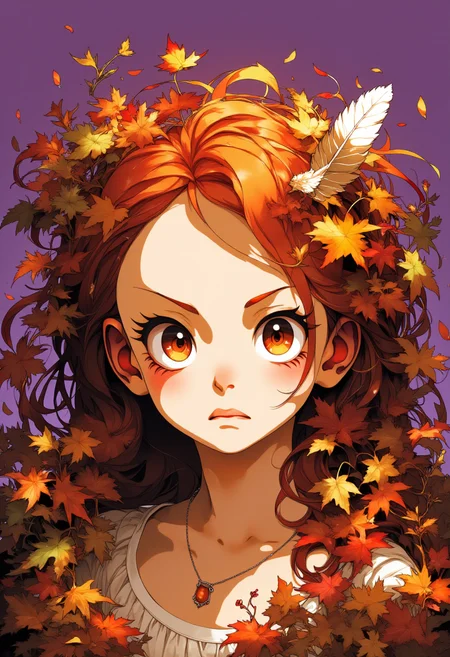 portrait, the goddess of autumn, cute, angry, with colorful dead leaves all around her face, a feather in her hair, vegetation, warm and pastel tones., digital illustration, gradient background with purple tones