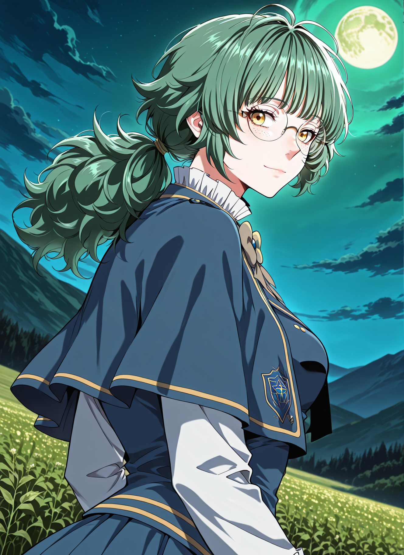 <lora:Emily_Watsken__The_Beginning_After_the_End__Illustrious:1>
1 girl, solo, yellow eyes, green hair, ahoge, low ponytail, bangs, long hair, messy hair, freckles,
uniform, white shirt, long sleeves, frilled sleeves, blue skirt, blue capelet, brown bowtie, glasses, round eyewear, blue jacket
score_9, score_8_up, score_7_up, very aesthetic, source_anime, detailed, high quality, beautiful, masterpiece, detailed eyes, field, blurry background, pose dynamic angle, upper body, cowboy shot, light smile, looking back, floating hair, night, green moon, greenish sky, <lora:iLLMythG0thicL1nes:1>