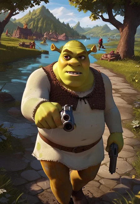 score_9, score_8_up, score_7_up, score_6_up,SHREK, SHREK 2 ON DVD, SHREK, SHREK 2 ON DVD,SHREK, SHREK 2 ON DVD, BIG SWAMP, shrek, ((holding ak47, holding gun)),ready to fight,((massive head)), green skin, cowboy shot, rain, dynamic angle, beautiful scenery, abandon buildings,
