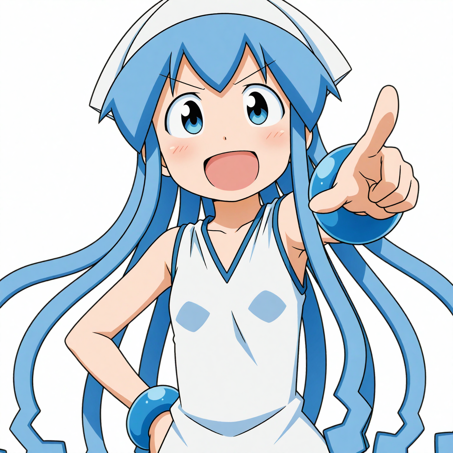 <lora:dmd2_sdxl_4step:1>, 1girl, ikamusume, shinryaku! ikamusume, <lora:ikmsm_illustrious_v3:1> ikmsm, long hair, skinny, (sidelocks:1.6), (white background:1.5),
facing viewer, white headwear, (open eyes:1.2), smile, open mouth, upper body, (long shot:1.5), pointing, hand on hip, v-shaped eyebrows,
general, masterpiece, best quality, very aesthetic, absurdres, anime coloring,