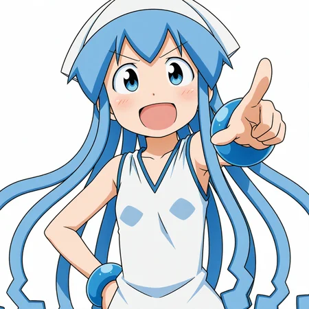 <lora:dmd2_sdxl_4step:1>, 1girl, ikamusume, shinryaku! ikamusume, <lora:ikmsm_illustrious_v3:1> ikmsm, long hair, skinny, (sidelocks:1.6), (white background:1.5),
facing viewer, white headwear, (open eyes:1.2), smile, open mouth, upper body, (long shot:1.5), pointing, hand on hip, v-shaped eyebrows,
general, masterpiece, best quality, very aesthetic, absurdres, anime coloring,