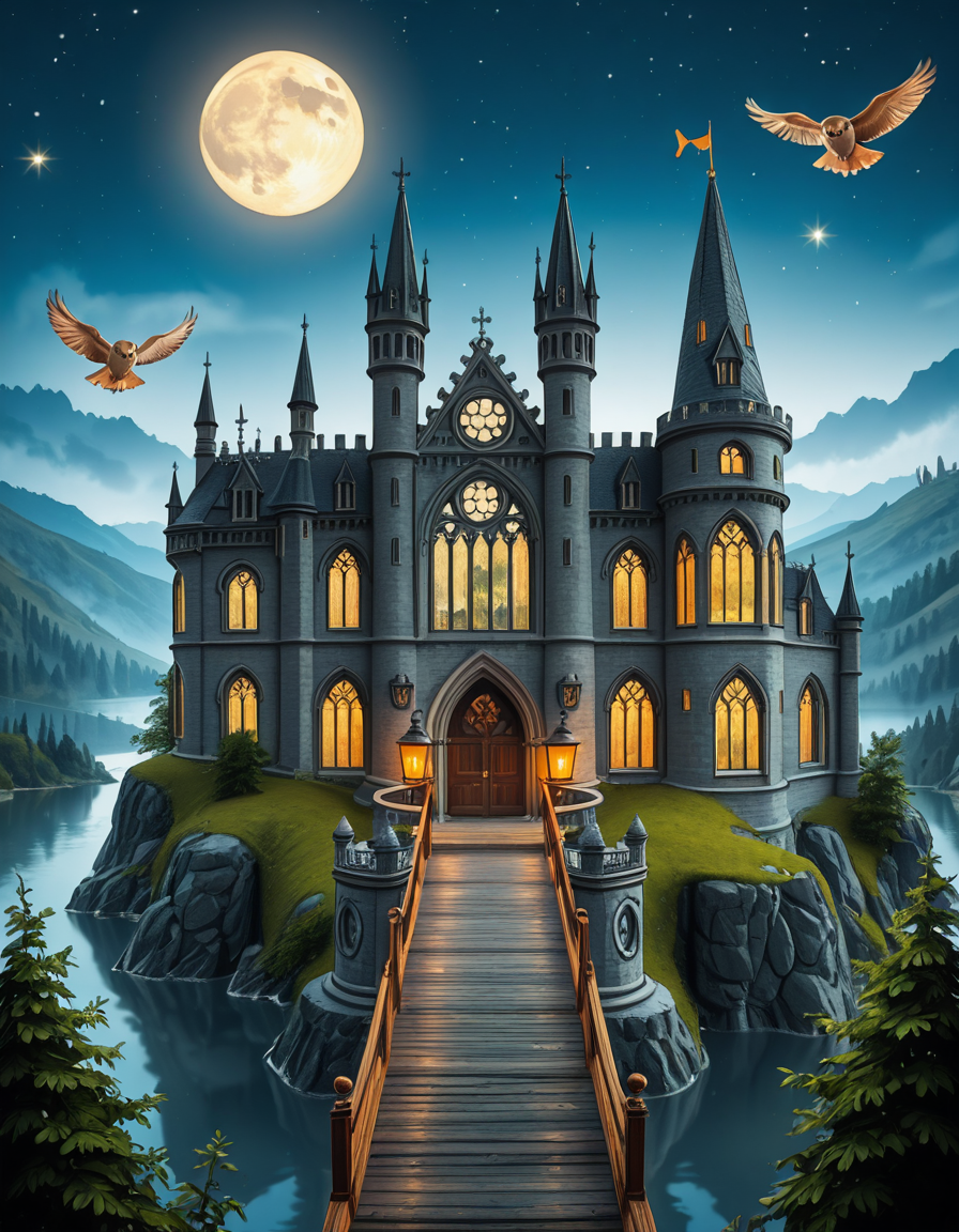 A majestic, ancient castle perched on a rocky hill, serving as a prestigious school for young wizards. The castle is a grand structure with towering spires, intricate gothic architecture, and large stained-glass windows that glow with magical energy. The stone walls are covered in ivy, and enchanted lanterns float around the entrance, casting a soft, mystical glow. A massive wooden bridge leads to the main gate, suspended over a misty, enchanted lake that reflects the moonlight. In the background, rolling green hills and dense, fog-covered forests surround the school, adding an air of mystery. The sky is a deep twilight blue, with stars twinkling and a full moon shining brightly. Some windows in the castle emit warm, golden light, hinting at classrooms filled with spellbooks and students practicing magic. A few owls are seen soaring above, delivering messages. The atmosphere is magical, mysterious, and full of wonder, as if the castle itself is alive with enchantments.
<lora:SDXLFaeTastic2400:0.4> <lora:extremely_detailed:0.4> extremely detailed,ancient c4stl3, <lora:ancient_c4stl3-i:1>, Masterpiece,best quality,hi res,8k,hi res,8k,award winning,(sharp focus, intricate, highly detailed),