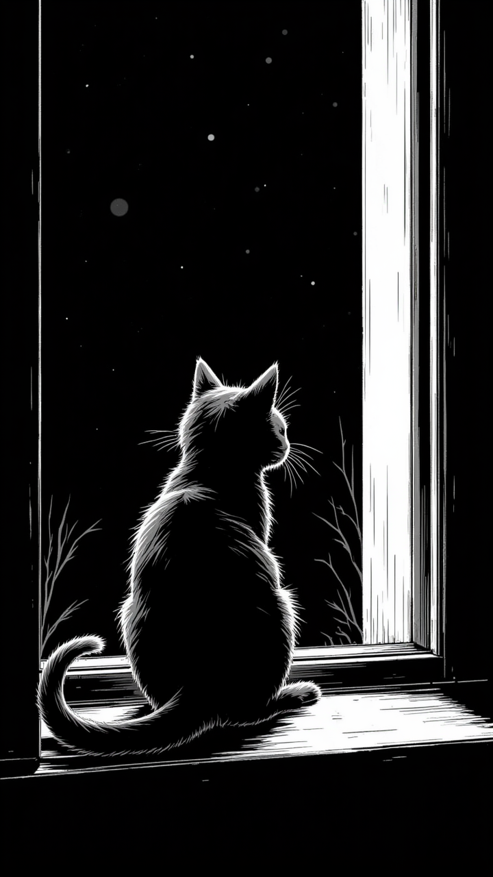 in the style of jedffd, a black and white sketch of a black cat crouches on a windowsill at night, staring out into the dark with its tail curling slightly upward, <lora:Dreamfract-000007:1>