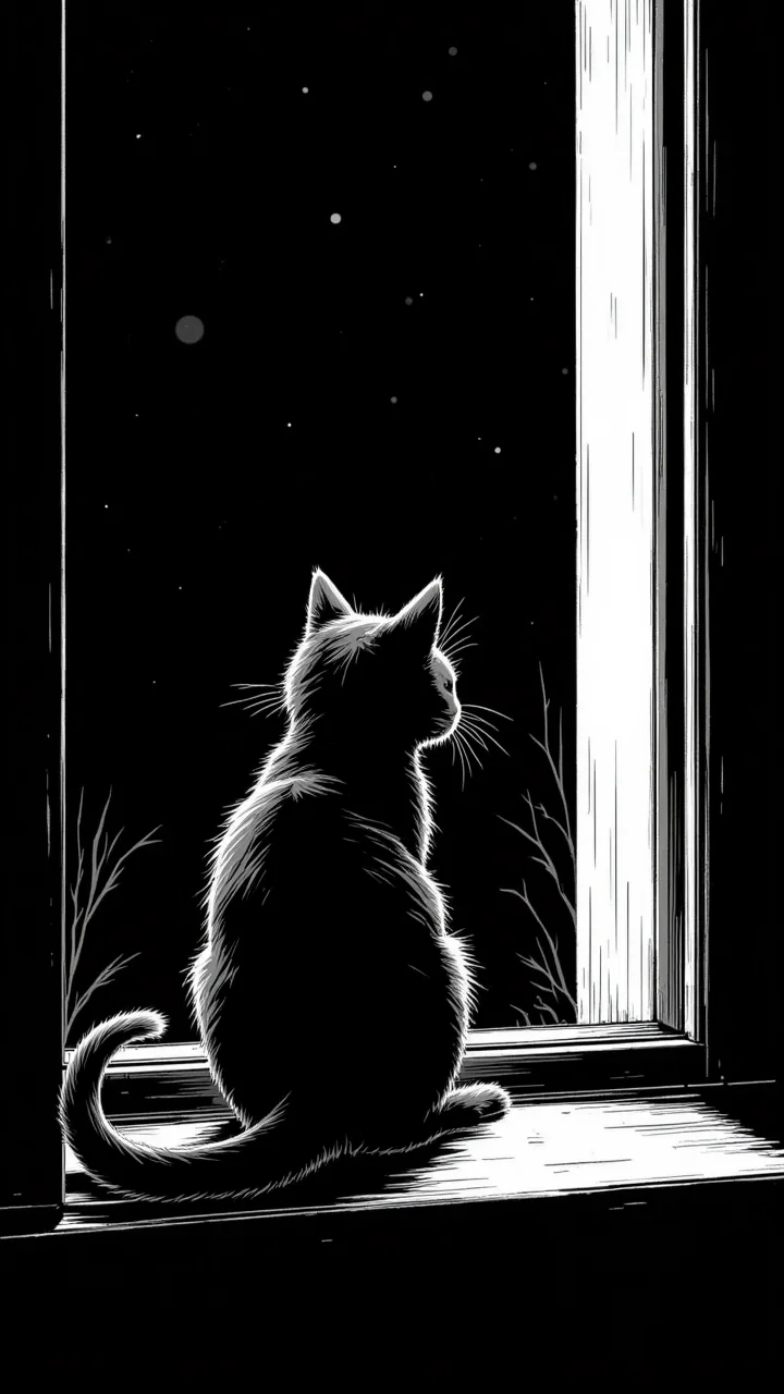 in the style of jedffd, a black and white sketch of a black cat crouches on a windowsill at night, staring out into the dark with its tail curling slightly upward, <lora:Dreamfract-000007:1>