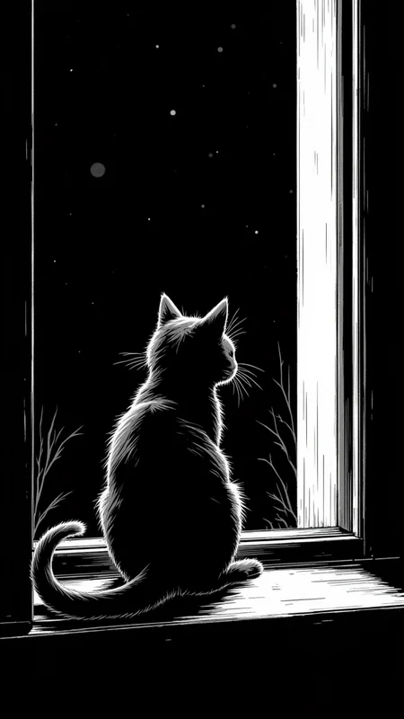 in the style of jedffd, a black and white sketch of a black cat crouches on a windowsill at night, staring out into the dark with its tail curling slightly upward, <lora:Dreamfract-000007:1>