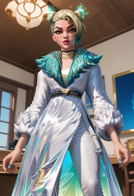 Valeria, holographic dress, cut dress, white pants, triple hair buns, mole below right, eye, indoors, looks at viewer