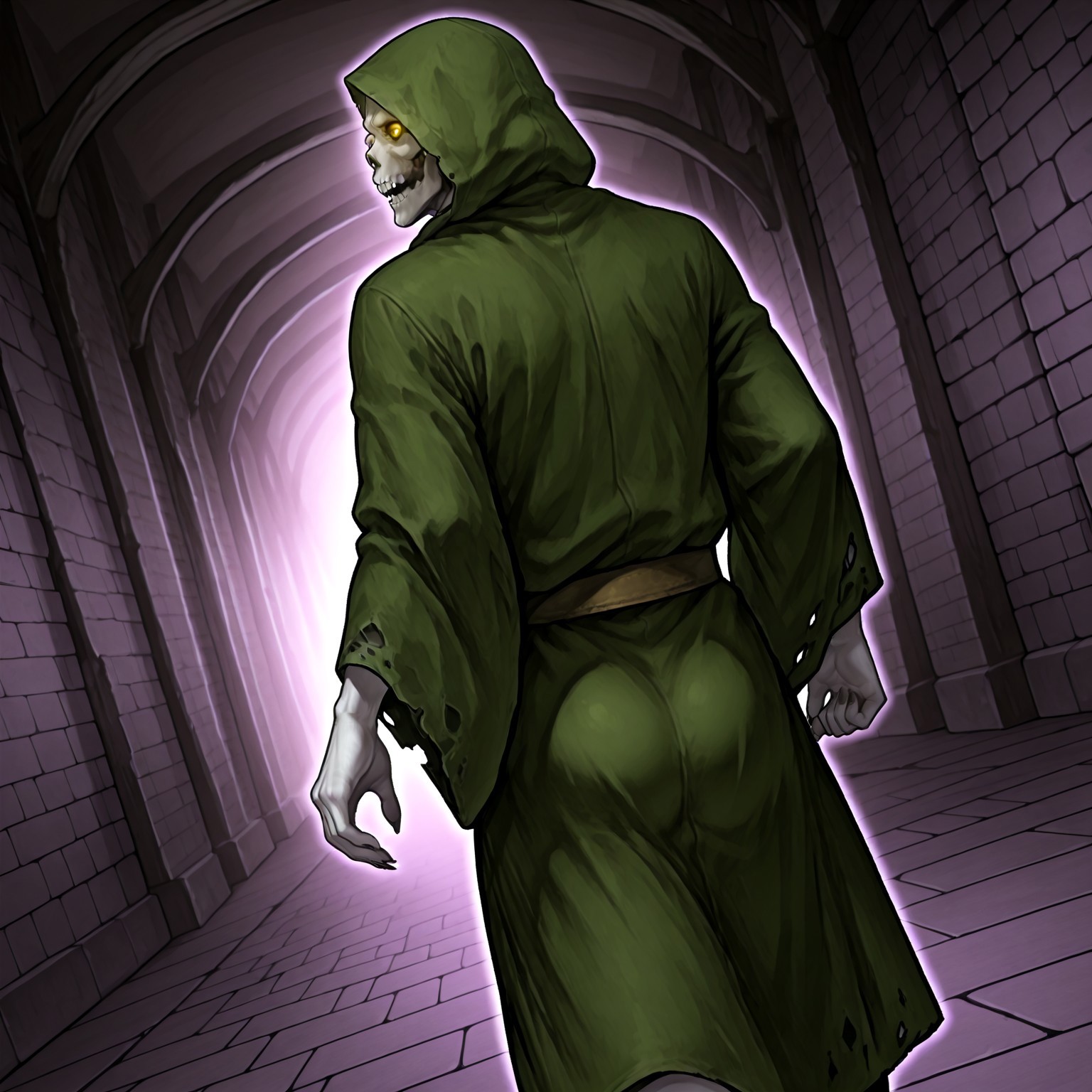 score_9,score_8,score_7,source_furry,
(masterpiece, best quality, high quality:1.2), detailed hands,character focus, detailed skins, body blush, cinematic shadow, character focus, ultra detailed background, 
 <solo:1.5>, <1boy:1.5>,
(anime:3.5), (dutch angle:1.5), (upper body shot:1.1), (sideshot:2.0), 
detailed skull, detailed face, detailed teeth,
polewiz, male focus, white skin, skull, bald, teeth, golden necklace, green hood, green cloak, green robes, torn robes, Olive color kanzugi, short kanzugi, green skirt, wide sleeve, (long sleeve:1.2), glowing eyes, yellow eyes, deep eyes hole, long fingernails, gaunt, bony, adult,
dark purple back ground, abyss, block dungeon background, passageway in distance, darkness,
(running:1.5),
