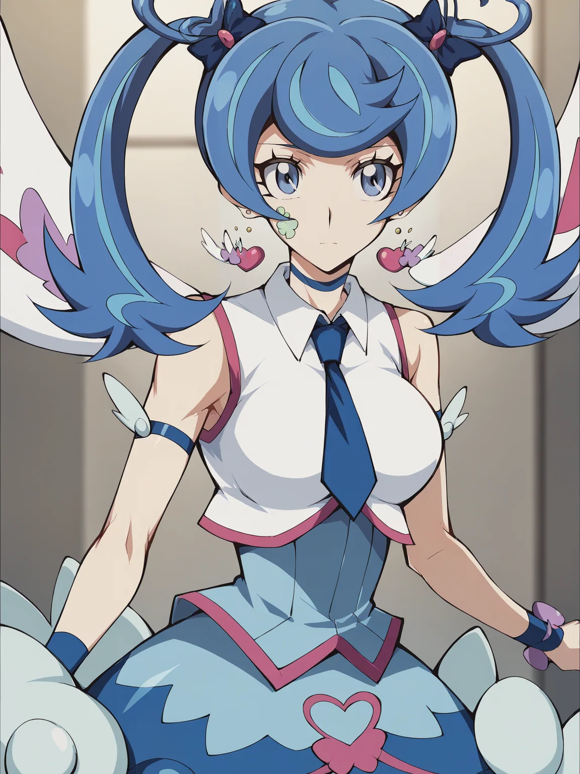 score_9, score_8_up, score_7_up, score_6_up, score_5_up, source_anime, smooth_anime,
Blue_Angel, blue_hair, 1girl, jewelry, earrings, solo, heart, sleeveless, blue_eyes, necktie, heart_earrings, twintails, looking_at_viewer, blue_necktie, large_breasts,
 <lora:Blue_Angel:1> <lora:Yugioh_Vrains:.75>