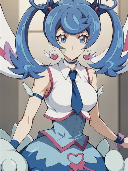 score_9, score_8_up, score_7_up, score_6_up, score_5_up, source_anime, smooth_anime,
Blue_Angel, blue_hair, 1girl, jewelry, earrings, solo, heart, sleeveless, blue_eyes, necktie, heart_earrings, twintails, looking_at_viewer, blue_necktie, large_breasts,
 <lora:Blue_Angel:1> <lora:Yugioh_Vrains:.75>